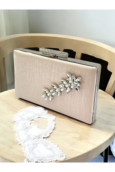 Biçanta Skin Nude Color Non-Handprint Glittery Satin Crystal Stone Γυναικεία βραδινή τσάντα για γάμο αρραβώνων
