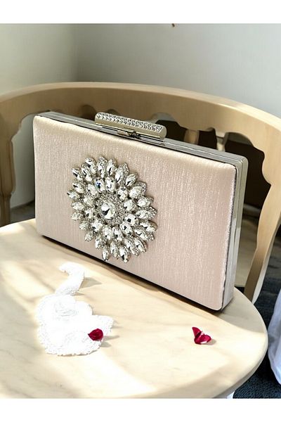 Biçanta Skin Nude Color Non-Handprint Glittery Satin Crystal Stone Γυναικεία βραδινή τσάντα για γάμο αρραβώνων