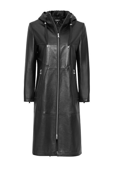 Derimod Selena Women's Black Hooded Leather Top Coat 24Wge52801M