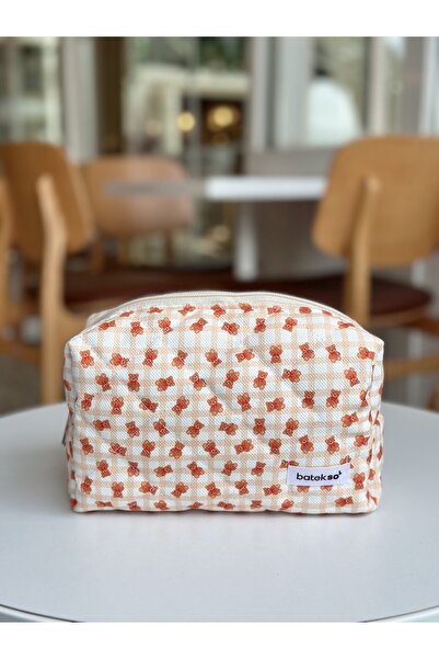 Batekso Teddy Bear Gingham Patterned Makeup Bag - Large Size