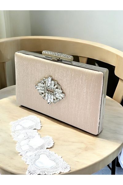 Biçanta Skin Nude Color Non-Handprint Glittery Satin Crystal Stone Γυναικεία βραδινή τσάντα για γάμο αρραβώνων