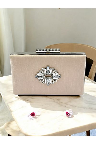Biçanta Skin Nude Color Non-Handprint Glittery Satin Crystal Stone Γυναικεία βραδινή τσάντα για γάμο αρραβώνων