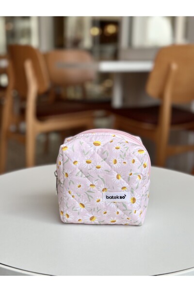 Batekso Powder Pink White Daisy Patterned Makeup Bag - Small Size
