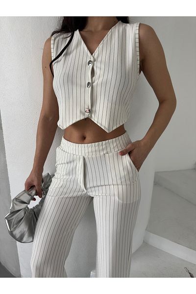 Brantu Women's Vest Striped Linen Suit