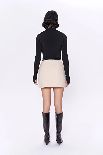 Quzu Deri Kemerli Peluş Mini Etek Bej