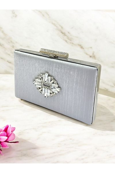 Biçanta Culoare Gri Argintiu Cristal Satin Sclipici Fără Amprentă De Mână Geantă Rochie De Seară De Damă Logodnă
