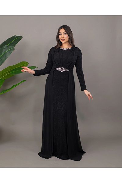 Efelif Βραδινό φόρεμα Hijab με μακρύ σιφόν και λεπτομέρεια από πέτρα ABU39842