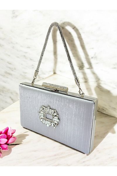 Biçanta Argintiu Gri Culoare Piatra Amprenta de mana Maner Argintiu Cristal Satinat Piatra Geanta Rochie De Seara Femei Logodna Nunta