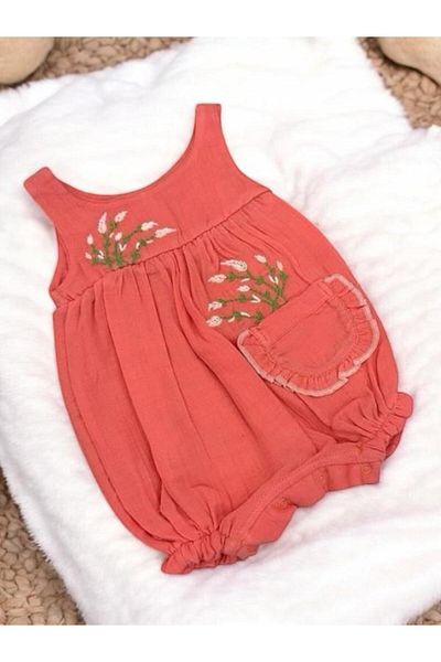 ALTINTAŞ BABY Lavender Embroidered Wide Strap Baby Girl Muslin Shorts Jumpsuit
