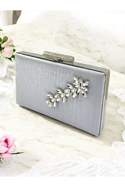 Biçanta Culoare Gri Argintiu Cristal Satin Sclipici Fără Amprentă De Mână Geantă Rochie De Seară De Damă Logodnă