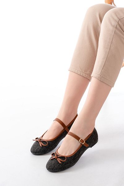 Moda Asmira 6321 Black Linen Daily Helmet Ballerinas with Buckle