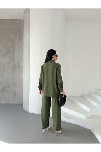 Brantu Γυναικείο Χακί Πουκάμισο Μπλούζα Παντελόνι Τριών Λινά Σετ