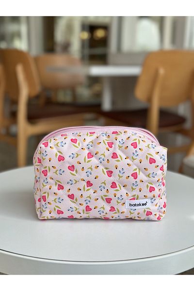 Batekso Heart Flower Patterned Makeup Bag - Large Size