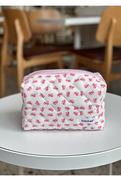 Batekso Mini Pink Ribbon Patterned Makeup Bag - Large Size