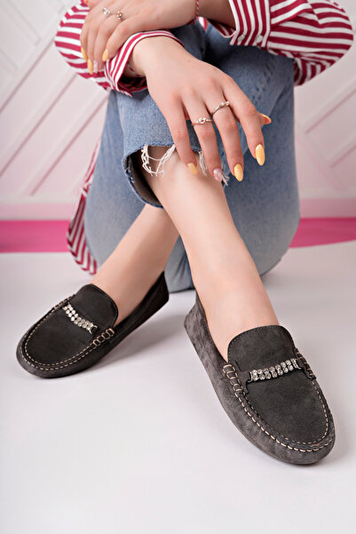 NOSEY SHOES Laura Model Genuine Leather Anthracite Suede Stone Detailed Daily Women's Ballerinas