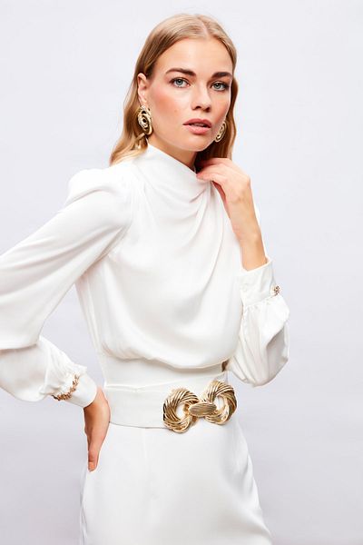 Sateen Bluză cu detaliu accesoriu mânecă - EKRU