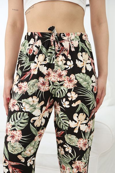 Arvin Pijama Pantaloni de pijama de vară cu talie înaltă, negru, cu imprimeu floral, din viscoză
