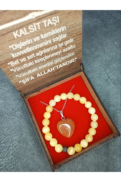 Mos Tespih Calcite Natural Stone Necklace and Bracelet Set in Special Box