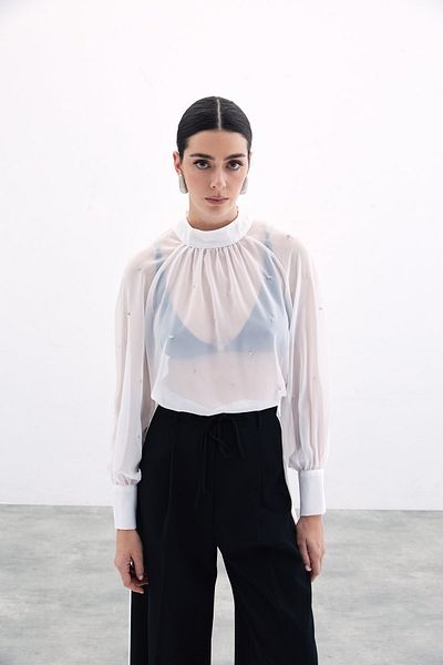 Sateen Прозрачна блуза с екрю и камъни