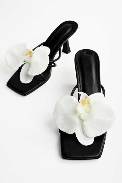 Shoeberry Women's Orchid Black Skin Flower Buckle Heeled Slippers