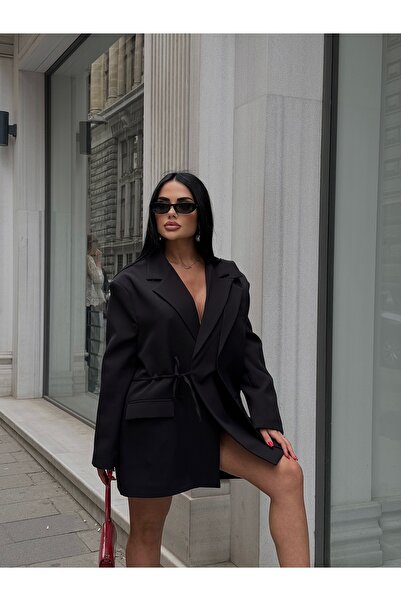 LB Laluna Butik Kadın Siyah Özel Tasarım Kruvaze Yandan Bağlamalı Blazer Ceket