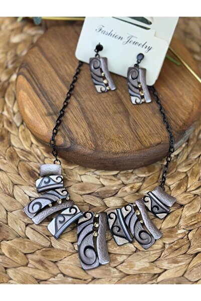 SEDEF TAKI İşlemeli mineli kolye ve küpe takım