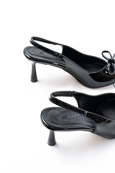 BY ELİZE Inf-4500 Black Patent Leather Daily Open Back Bow Heeled Shoes