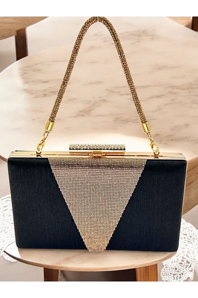 Biçanta Geantă de rochie de seară pentru femei cu mâner din piatră neagră, satin argintiu, cu ornamente din piatră de cristal auriu