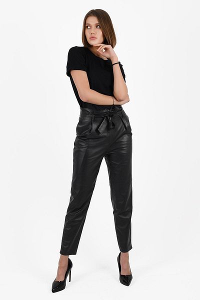 ALİN Blue Women's Black High Waist Tapered Genuine Leather Pants Size Measurements Visually
