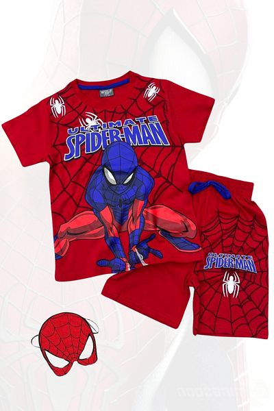 SPIDERMAN طقم أطفال مع تي شيرت مطبوع وشورت وقناع سبايدرمان باللون الأحمر