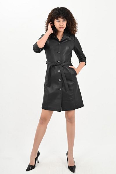 ALİN Perry Women's Short Sleeve Black Genuine Leather Dress Size Measurements Visual