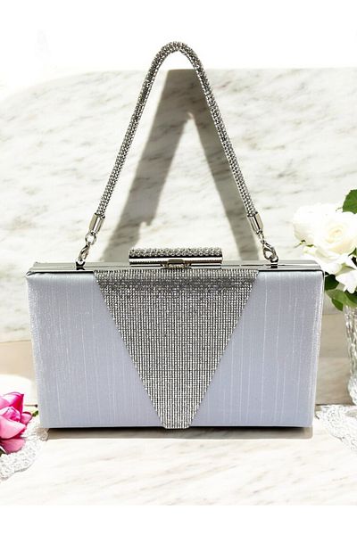 Biçanta Geantă de rochie de seară pentru femei, cu mâner de piatră gri argintiu, satinat cu sclipici, decorată cu piatră de cristal