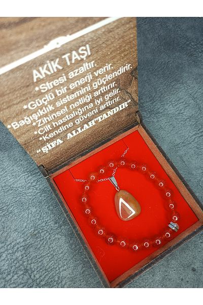 Mos Tespih Agate Stone Natural Stone Necklace and Bracelet Set in Special Box