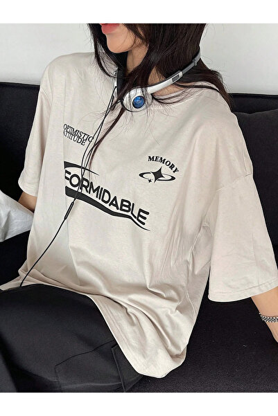 LAPS تي شيرت نسائي كبير الحجم باللون البيج