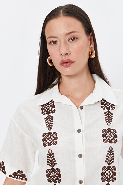 Reyon Cămașă albă cu mânecă scurtă cu model etnic 34164