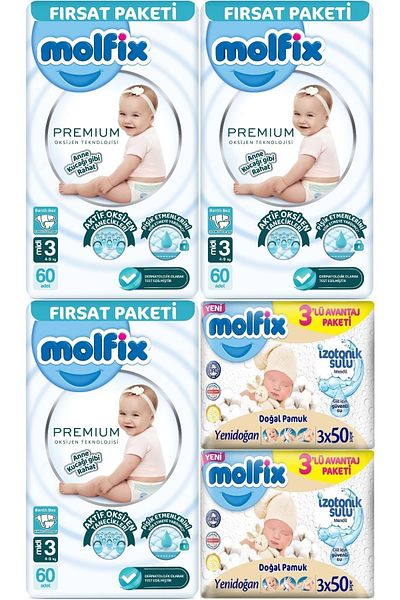 Molfix Premium Baby Diaper Size:3 (4-9kg) Midi 180 Pieces Fırsat Pk + 6 Wet Wipes