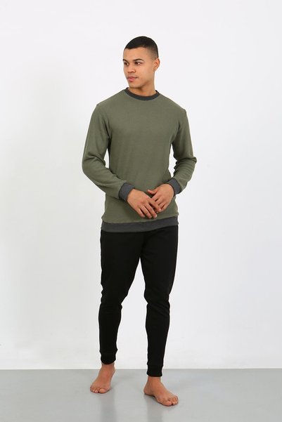 Mestore Moda Çizgi Men's Long Sleeve Cuffed Leg Combed Cotton Pajama Set 6870...