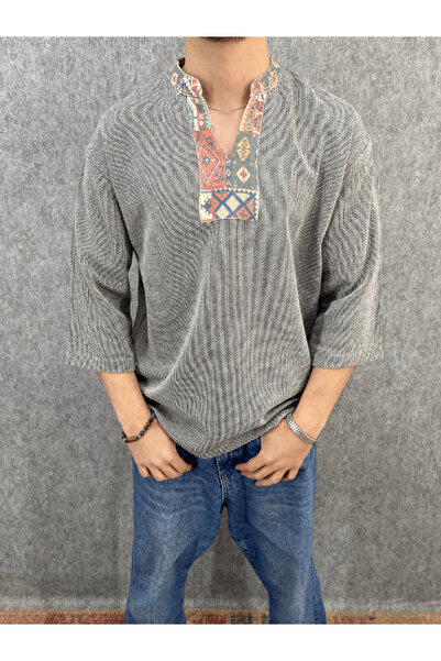 FıttingRoom Oversize Bohemian Cotton Linen Anthracite Tshirt