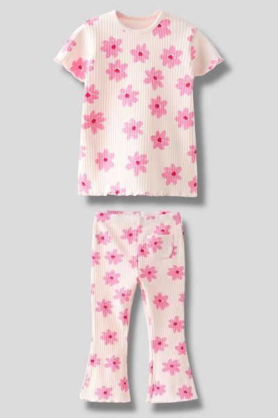 ibeeka Girl's Pink Floral Patterned Twill Fabric T-Shirt Leggings (Spanish) Bottom Top Set