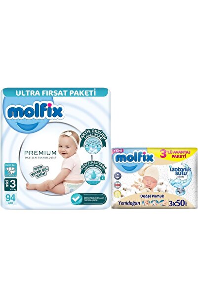 Molfix Premium Baby Diaper 3Kg-9Kg Midi 94 + 3 Wet Wipes