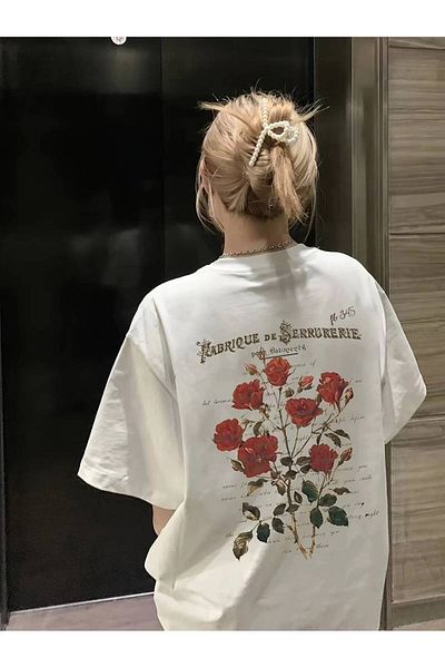 Elvino Women's Floral Printed Oversize Short Sleeve White Pinterest Tshirt