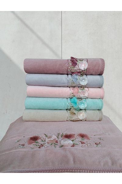 Fiesta 3D Embroidered Velvet Dual Border - 100% Cotton Hand Face Towel - 6 Pieces 50X90 cm