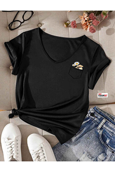 Tarzsokak Tricou de bază din bumbac cu decolteu în V cu imprimeu floral (obiș...