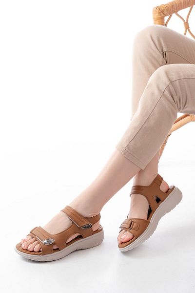 İnfon Ayakkabı Marketi Sandals Dm-363 Tan Hard Hat Velcro Stitched Daily Women's Sandals
