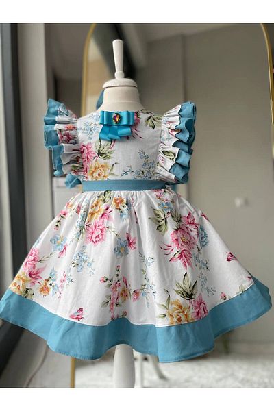 Sare Çocuk Giyim Girl's Blue Floral Brooch Detailed Princess Birthday Dress with Ruffled Shoulder Designer Dress