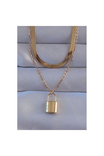 Skygo 316L Steel Gold Color Double Chain Lock Model Necklace - Tj-Bko8941