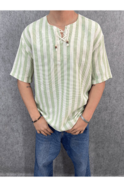 FıttingRoom Oversize Bohemian Cotton Linen Striped Tshirt