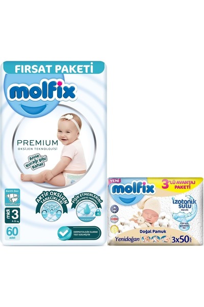 Molfix Premium Bebek Bezi Beden:3 (4-9KG) Midi 60 Adet Fırsat Pk + 3 Adet Isl...