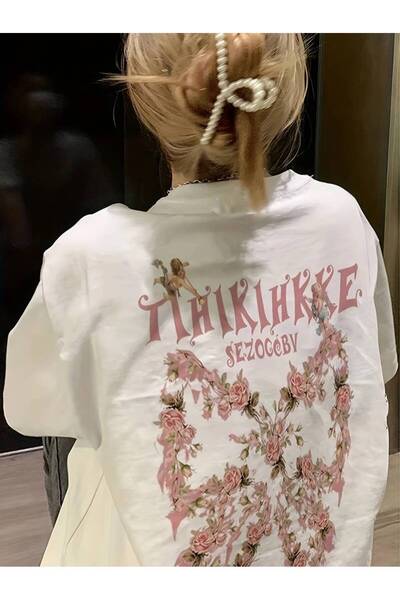 Tarzsokak Mâneci scurte oversize cu imprimeu floral pentru femei Pinterest alb