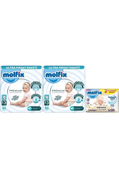 Molfix Ultra Fırsat Pk + 3 Wet Wipes, Premium Baby Diaper Size 3 (4-9kg) Midi...